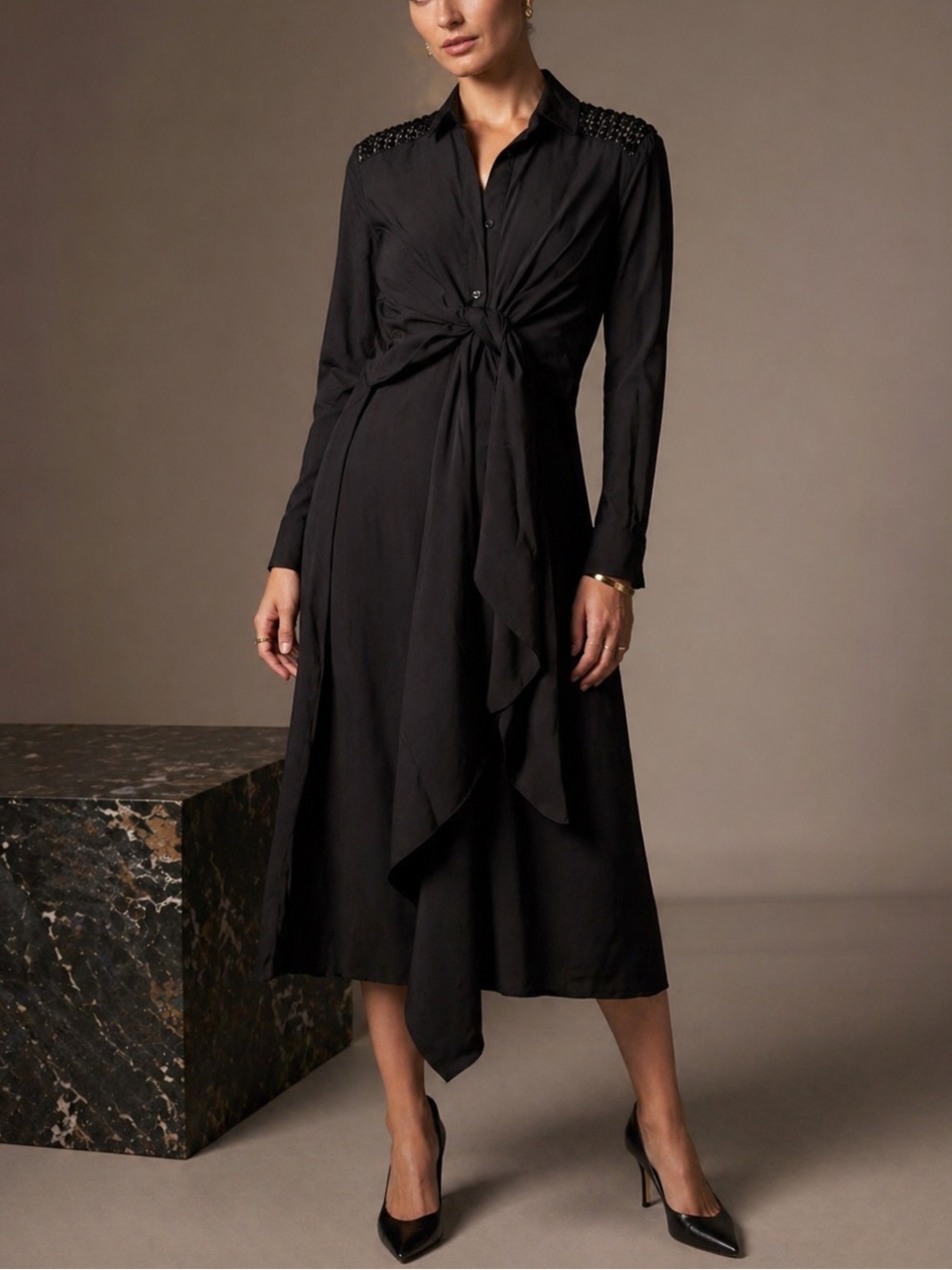 Akris Punto Long-Sleeve Tie-Waist Midi Wool Dress (verified by the TheRealReal)